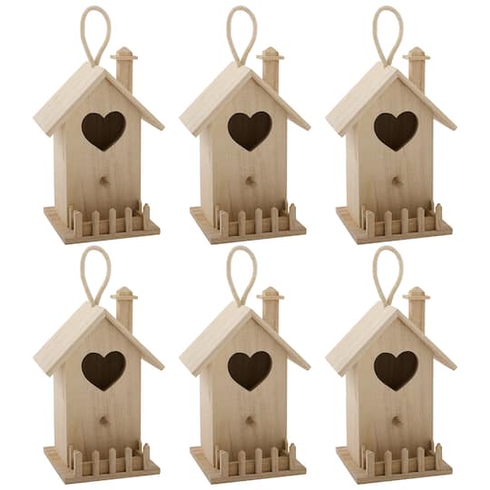 6 Pack: 8" Heart & Fence Wood Birdhouse by Make Market®